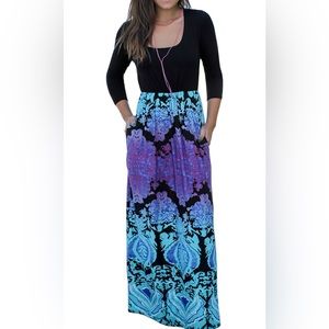 Women’s 3/4 Sleeve Floral Printed High Waist Pocket Maxi Dress 2XL (16)